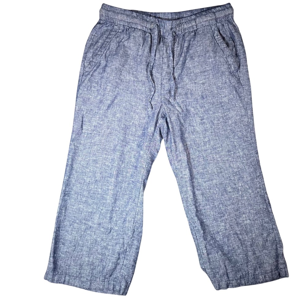 Old Navy Pants M Blue High Rise Crop Wide Leg Linen Blend Chambray Pullon Beach
